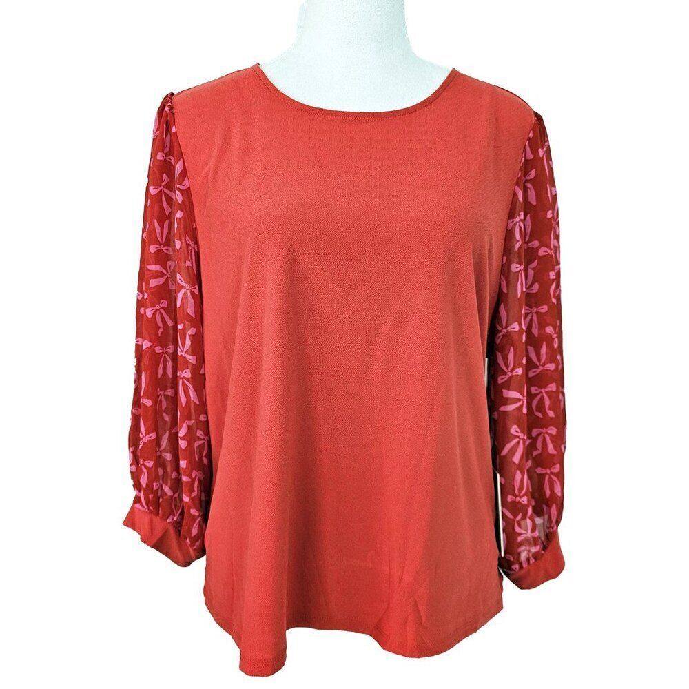 CeCe XLP Scarlet Glow Puff 3/4 Sleeve Top Orange Red Pink Ribbon NWT